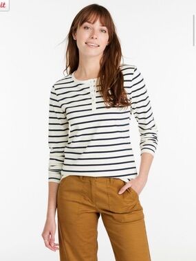 L.L. Bean Navy and Cream Striped Long-Sleeve Henley XS